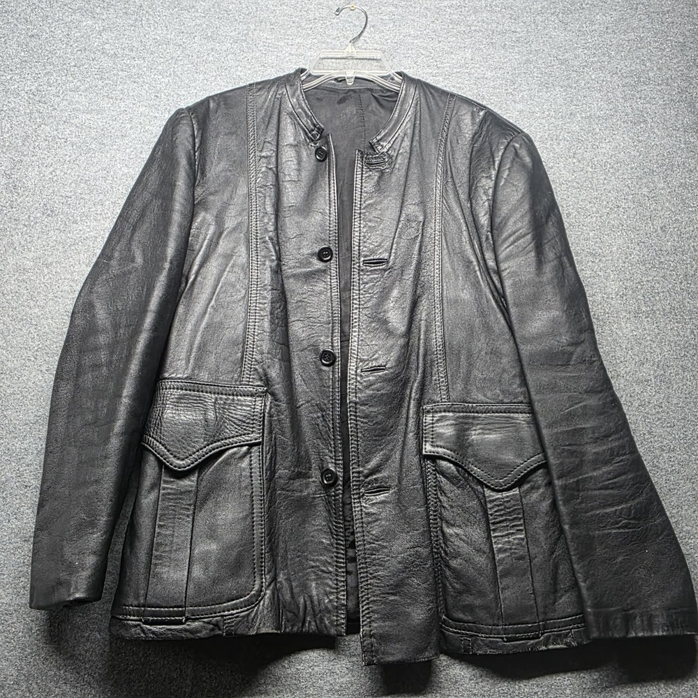 Vintage Echt Nappa Black Leather Jacket Men's Size 52 Button Front Coat